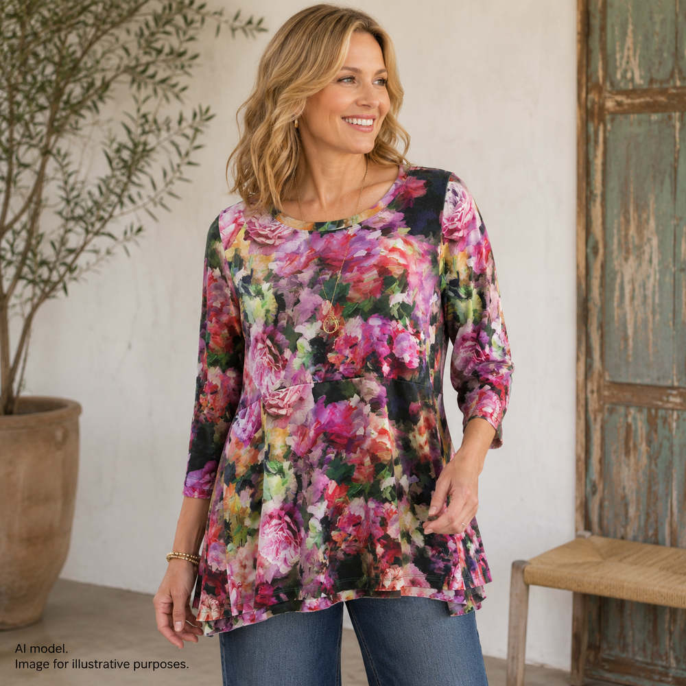 Soft Surroundings Shirt Womens Large Multicolor Floral Tunic Top Stretch